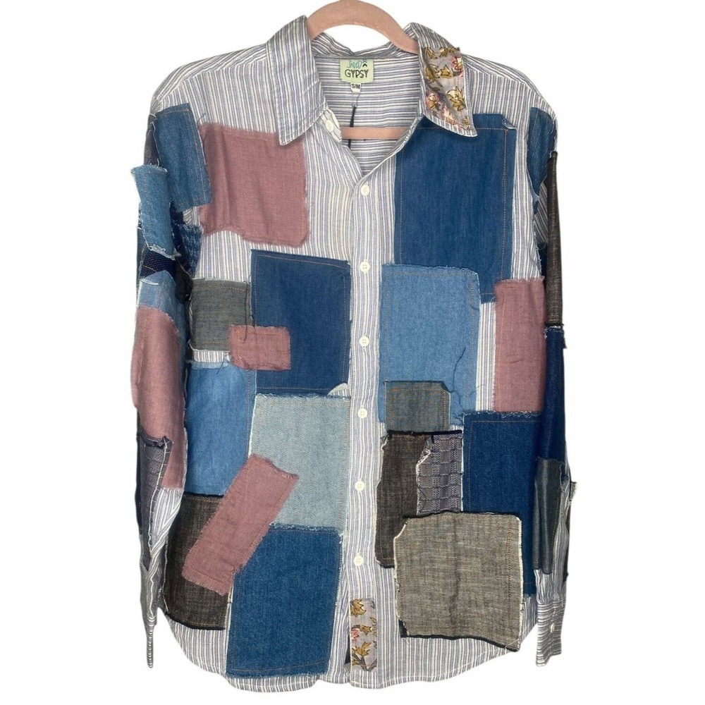 Jaded Gypsy women's blouse Patchwork "Patched in Dreams" Blue Oversized Size S/M
